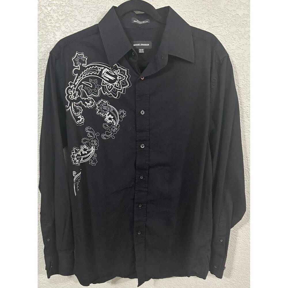 Michael Brandon Men's Black Embroider Imprint Design Button-Up Shirt Sz Med